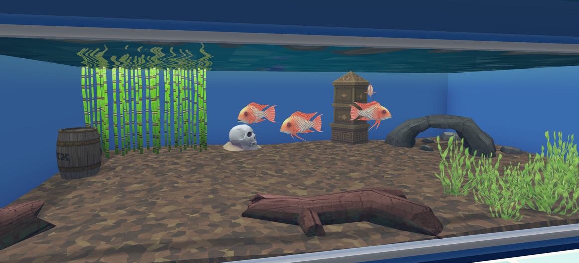 Vier Surinaamse Parelcichliden (de vierde is moeilijk te zien omdat hij net 'in profiel' zwemt) in hun Aquarium met een Schedel, Een Azteekse Zuil, een kleine grot, een Ton, Planten en twee takken 'Bogwood'. De Vissen zijn grijs, met rode kop en rode vinnen.