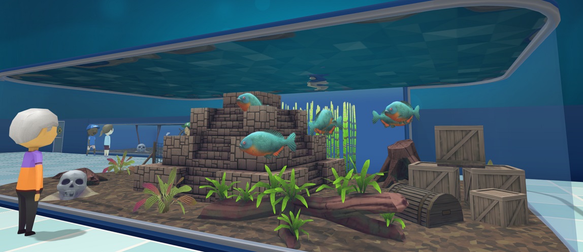 Zes Roodbuikpiranha's in hun Aquarium. De Vissen hebben een helderblauwe bovenkant en een oranje onderkant. Hun Waterbak wordt versierd door een Azteekse Tempel, een Schedel, een Krabbenval en diverse takken 'Bogwood'.