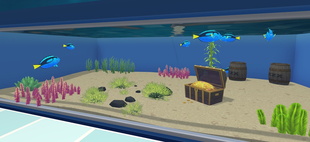 Zes Picasso-doktersvissen in hun Aquarium. Deze Vissen zijn helderblauw, met een zwarte markering op de flanken en een heldergele staart. Hun Aquarium bevat zeer veel Planten, twee Tonnen en een geopende Schatkist.