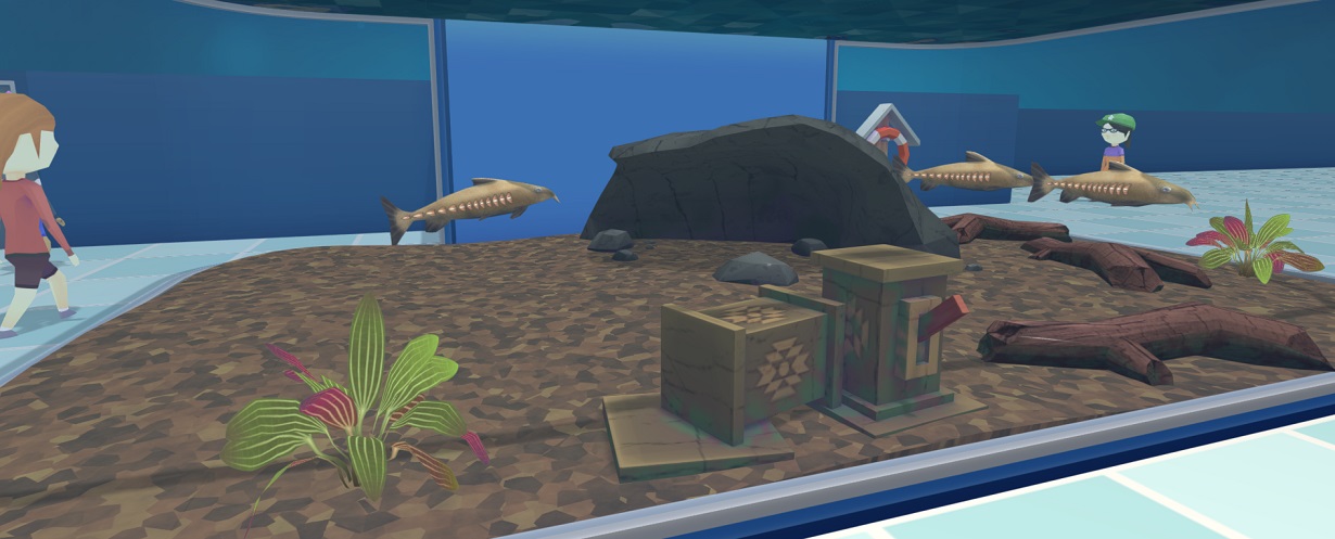 Een groot Aquarium met drie Ripsaw Catfishes. De Vissen zijn langwerpig en hebben een bruine kleur, met een opvallende rij witte stekels op hun flanken. In het Aquarium liggen takken 'Bogwood', een Gaping Cavern, Planten en Azteekse Blokken. Linksachter loopt een Bezoeker voorbij.