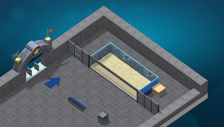 Vogelperspectief van de Aquariumingang, een Bezoekerspijl, een Zitbankje, een Vuilnisbak en een groot Muur-Aquarium in Rivet-stijl.