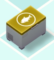 Vogelperspectief van een donkergele Blankvoorn-voerdoos, met een omcirkelde Blankvoorn-Vis op het deksel afgebeeld.