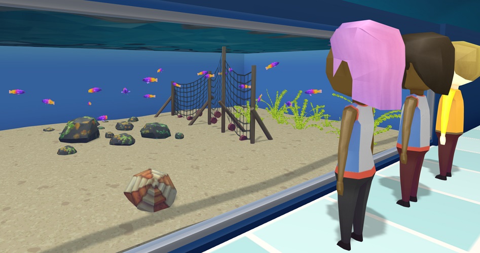 Drie Bezoekers bekijken van rechts een Aquarium vol Koningsgramma's. De Visjes hebben een paarse kop, een roze middendeel en een oranje achterkant. In het Aquarium liggen een Slakhoornschelp, Netten, Planten en Levend Puin.