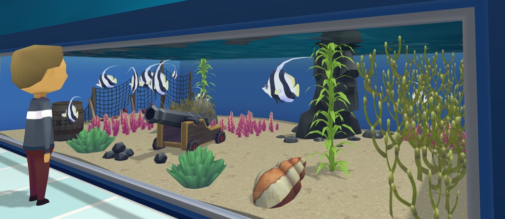 Een Aquarium met zes Schoolwimpelvissen, vele Planten, een Kanon, een Ton, een Schelphoorn, een Net en een Paaseiland-beeld. De Vissen zijn verticaal zwart/wit gestreept, en hun rugvin is uitgegroeid tot een lange, gebogen 'sliert' boven hun lichaam.