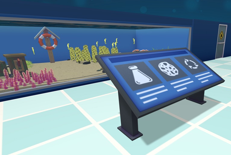 Een donkerblauw Informatiebord met links een afbeelding van een erlenmeyer, in het midden een afbeelding van een spons, en rechts een recyclagepictogram. Op de achtergrond staat het Aquarium waarover dit Infobord informatie geeft. In het Aquarium zwemmen acht Slender Seahorses.