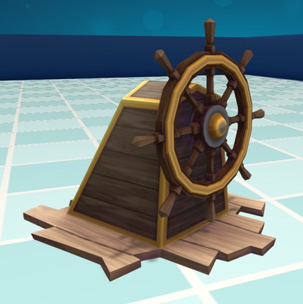 Een houten Roer zit vast aan een houten bak met gele kantlijnen (koper?).