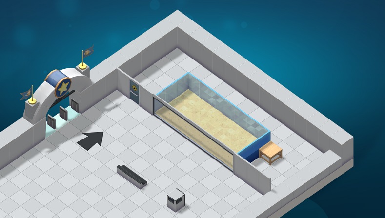 Vogelperspectief van de Aquariumingang, een Bezoekerspijl, een Zitbankje, een Vuilnisbak en een groot Muur-Aquarium in witte 'Sleek'-stijl.