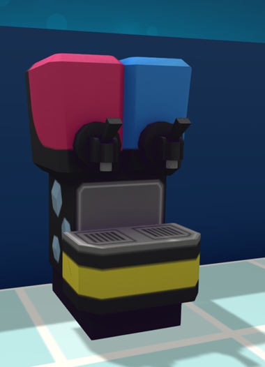 Vooraanzicht van een Slushie Machine. Het zwarte apparaat bestaat uit twee gekleurde reservoirs-met-kraantje voor de Slush: links de rode Slush, rechts de blauwe. Op de zijkanten staan ijsblokjes afgebeeld.
