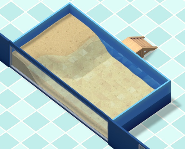 Vogelperspectief van een Small Beach Tank, met links een stukje 'strand' en rechts water.