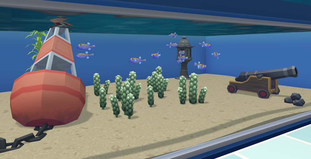 Een twaalftal Witgestippelde Koffervissen in hun Aquarium. De Vissen zijn blauwpaars met oranje rug, en ze hebben een doosvormige lichaamsbouw.