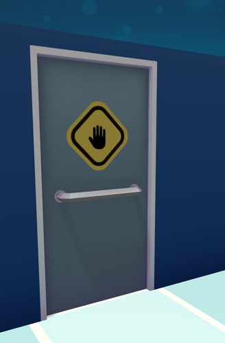 De Personeelsdeur is een grijze deur met brede handgreep. Bovenaan plakt een geel, ruitvormig bord met een zwarte, afwerende handafbeelding erop, wat aangeeft dat deze Deur 'verboden toegang' is.