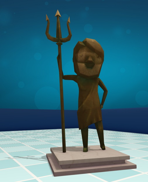 Trots staat Poseidon op zijn sokkel. Hij draagt een drietand in zijn rechterhand, met de tanden naar boven gericht. Zijn linkerhand heeft hij op zijn heup gelegd. Poseidon draagt een baard.