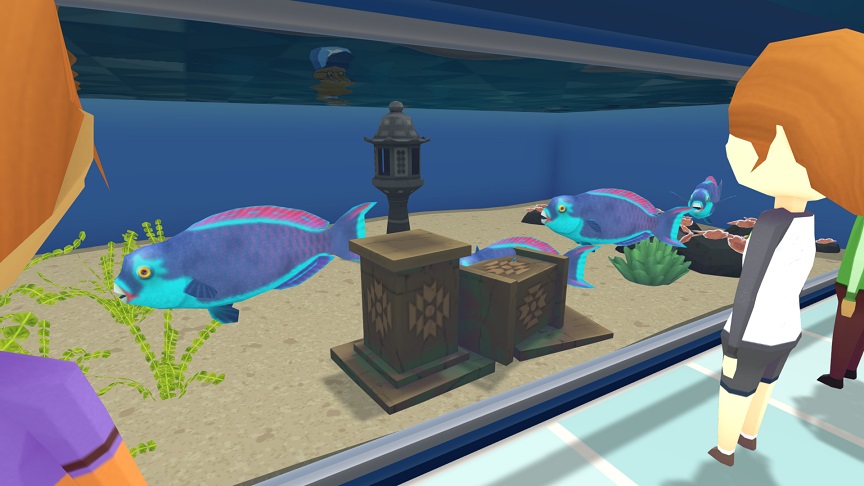 Drie Bezoekers staan voor een Aquarium met vier Rode Zee Papegaaivissen. De Vissen zijn paars gekleurd, met helderblauwe kop, buik en rugzijde; de rugvinnen zijn helder fuchsia van kleur. In het Aquarium liggen een Lantaarn, Azteekse Blokken, Planten en Rotsen.