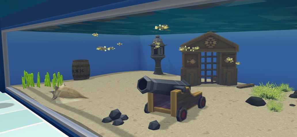 Een twaalftal Striped Boxfishes in hun Aquarium. De Vissen zijn klein, en hebben een geel lichaam met zwarte vlekken en accenten. Hun Aquarium is versierd met een Ton, een Oude Poort, een Hoornschelp, een Lantaarn, een Kanon, Planten en Rotsen.