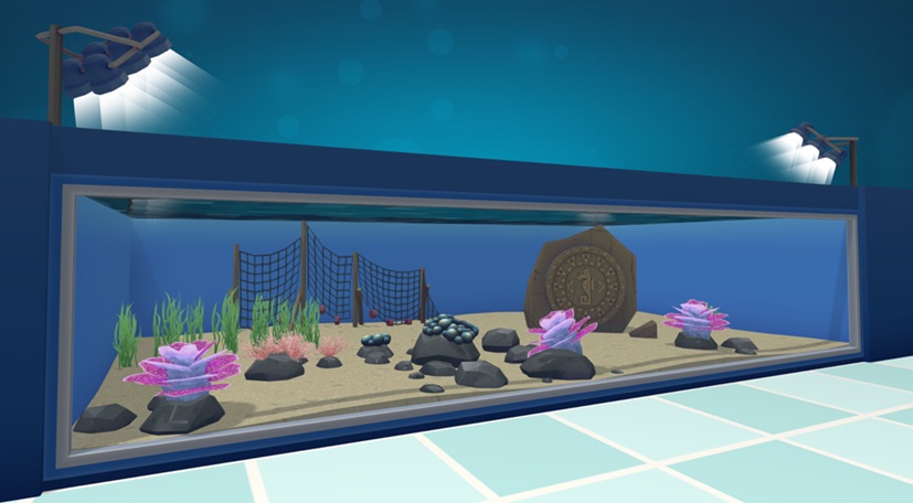 Een verlicht Muur-Aquarium met daarin vier Sun Montipora's. Twee ervan zitten op een Kei; de twee anderen zitten middenin de Waterbak op Puin vast. De Koralen hebben fuchsia 'bladeren' en een lila 'stam'. Een Net, een Azteeks Rad en diverse Rotsen en Planten versieren het Aquarium.