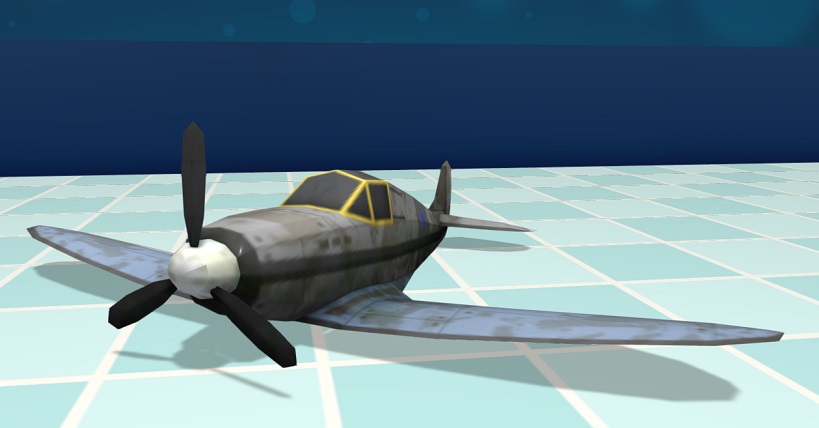 Vooraanzicht van een Gezonken Vliegtuig, met één propeller op de neus en diverse (roest)vlekken.