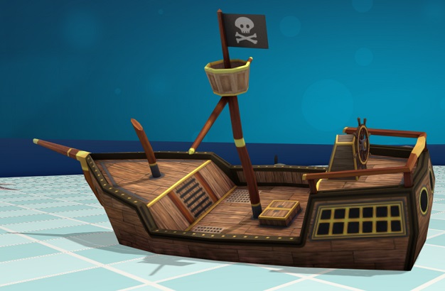 Vooraanzicht van een Gezonken Piratengaljoen, uit hout gemaakt en met de typische vlag-met-gekruiste-beenderen. Het Schip is, uiteraard, verkleind gebouwd en ligt 'scheef' op de grond.