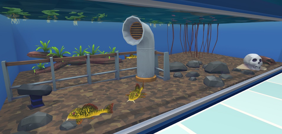 Drie Sunshine Plecoes, waarvan twee op de voorgrond, op de bodem van hun Aquarium. De Vissen zijn gestippeld, en hebben een gele buikzijde en donkerbruine rugzijde met donkerrode vinranden. Het Aquarium bevat Puin, Bogwood en Planten (aan de onderkant van de waterspiegel zijn de wortels en bladeren van drijvende Planten zichtbaar), en ter versiering een Scheepsleuning en een Schedel.