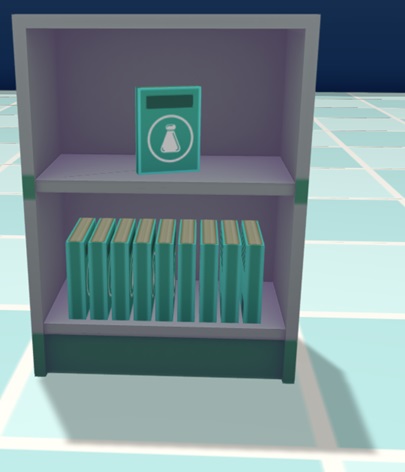 Vooraanzicht van een Supplement Manual Dispenser, namelijk een kastje met twee rekken. Op het bovenste rek staat een Supplementenhandleiding naar ons toegekeerd: een groenblauw boekje met een omcirkelde afbeelding van een driehoekig medicijnflesje op de voorkant. Op het onderste schap staan negen Handleidingen gerangschikt.