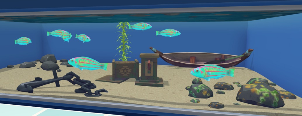 Acht 'Surge Wrasses' in hun Aquarium. De Vissen zijn cyaanblauw met fuchsia horizontale strepen; de kleuren zijn haast fluorescerend. In het Aquarium liggen Puin, Azteekse Blokken, een Kano, Levend Puin en een Kelp-plant.