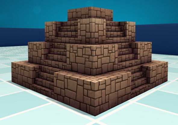 Een Middenamerikaanse Tempel, vormgegeven als een Piramide met vier verdiepingen, en trappen in het midden van elke zijde. De Tempel is opgebouwd uit onregelmatige, bruinrode (bak?)stenen.