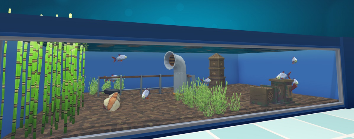 Zeven 'Tinfoil Barbs' in hun Aquarium. De Vissen zijn blauwgrijs van kleur, met donkerrode vinnen. In het Aquarium liggen veel Planten, een Schipsleuning, een Slakkenschelp, een Azteekse Zuil en Azteekse Blokken ter decoratie.