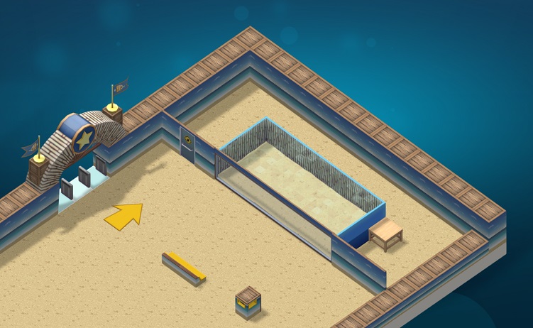 Vogelperspectief van de Aquariumingang, een Bezoekerspijl, een Zitbankje, een Vuilnisbak en een groot Muur-aquarium in Tropical Beach-stijl.
