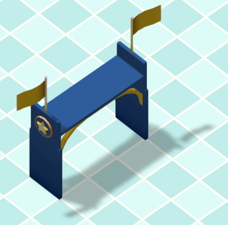 Vogelperspectief van een Tunnel Archway with Flags in Blauwe stijl: een horizontale overspanning met aan iedere zijkant een omcirkelde vijfpuntige ster en een geel vlaggetje erbovenop. Onder de overspanning zit aan iedere kant een gele, gebogen staaf.