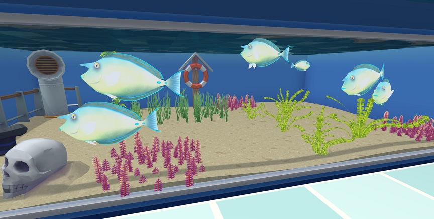 Zes Neushoornvissen in hun Aquarium. De Vissen zijn lichtblauw en zijdelings sterk afgeplat. Op hun voorhoofd zit een horizontaal uitsteeksel (de 'hoorn'). De Vissen hebben grote ogen en twee felblauwe 'messen' aan de staartbasis. In het Aquarium liggen een Schipsleuning, een Schedel, een Reddingsboei en diverse Planten.