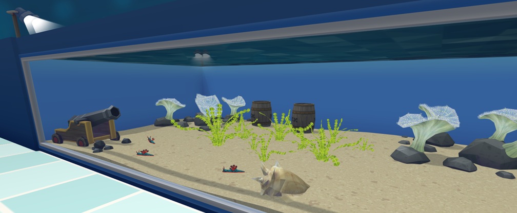 Een Muur-Aquarium met drie Neonslakken die over de bodem kruipen. De slakken zijn zwart, met felblauwe accenten, en ze hebben een bosje rode ademhalingsorganen op de rug. In het Aquarium zitten ook acht exemplaren van Toadstool Leather Coral, plus een Schipskanon, twee houten Tonnen, een gestekelde Schelp en diverse Planten en Rotsen. Linksboven is de Lichtapparatuur zichtbaar, die de Koralen nodig hebben.