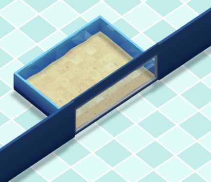 Vogelperspectief van een Wall tank. Het Aquarium is ingewerkt in een muur, zodat Bezoekers de Filters en Temperatuurapparaten niet te zien krijgen.