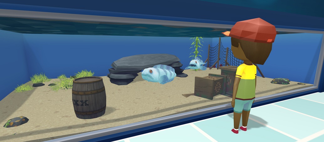 Twee Zeewolven op de bodem van hun Aquarium. De Vissen zijn lichtblauw, met donkerblauwe driehoekige patronen op hun flanken en rugzijde. In het Aquarium staan een Leistenen Grot, Levende Stenen, een Ton, een Net, Azteekse Blokken en diverse Planten. Een Bezoeker bekijkt het Aquarium van rechts.