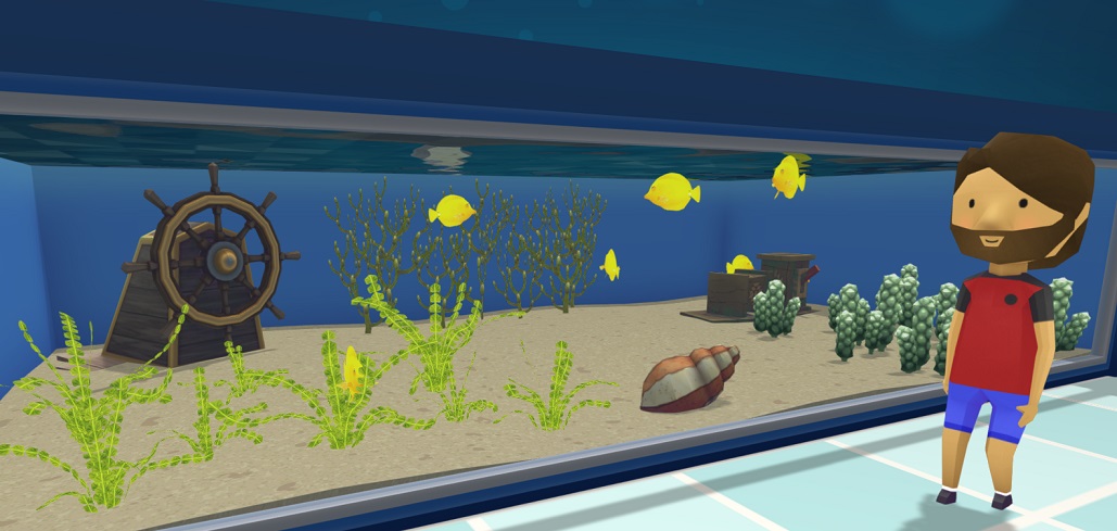 Zes Gele Zeilvindoktersvissen in hun Aquarium. De Vissen zijn heldergeel, met een kleine 'snuit'. In het Aquarium liggen een Roer, Azteekse Blokken, een Slakkenschelp en vele Planten. Een Bezoeker komt van rechts voorbijgewandeld.