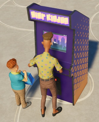 Een spelautomaat met de tekst 'Sier Kidjün' bovenaan. Een volwassene (Vader?) speelt op de automaat, terwijl een kind (zijn zoon?) toekijkt. Het spel toont een horizontale 'scroller' met een wit ruimteschip in het midden, tegen een achtergrond van een grote moderne stad.