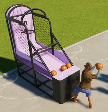 Een man staat op het punt een basketbal naar de ring te gooien. De automaat is paars, met zwarte netten errond. Achterin hangt een basketring; boven de ring staat de scoredisplay. Recht voor de speler liggen nog drie basketballen klaar.