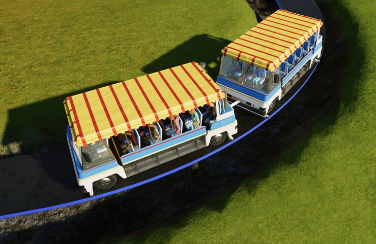 Een Big Screen Tour-Trein, bestaande uit twee karren, rijdt naar links. De karren hebben een rood/geel gestreept dak, en een blauw/witte rand. De karren hebben geen chauffeur; enkel de eerste kar is goed gevuld met Bezoekers.