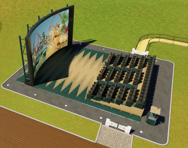 Vogelperspectief van een (openlucht) Bioscoop waar net een promotiefilmpje van Planet Coaster 2 wordt vertoond. Slechts een tiental Bezoekers bekijkt de film. Tussen scherm en zitjes is er een opvallend grote, lege zone, met een zigzagpatroon op de vloer.