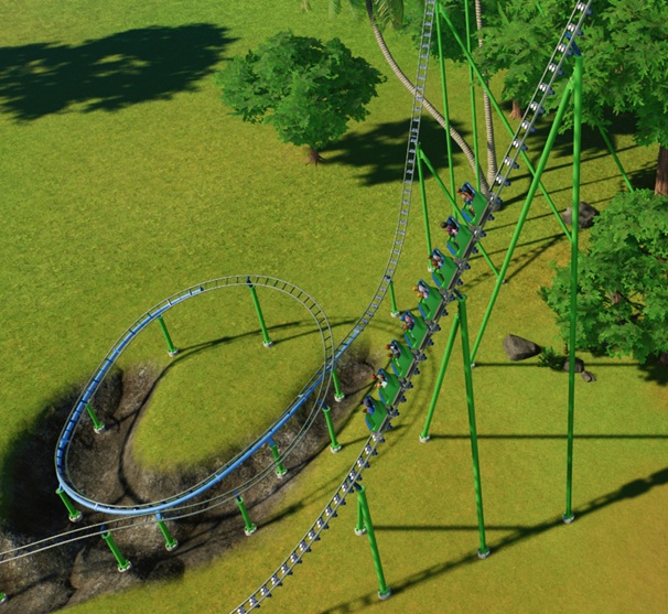 De Child Coaster Return-trein wordt achterwaarts opgetakeld door middel van draaiwielen. Achter deze 'Lifthill' is een helix te zien, opgebouwd uit verschillende baantypes.