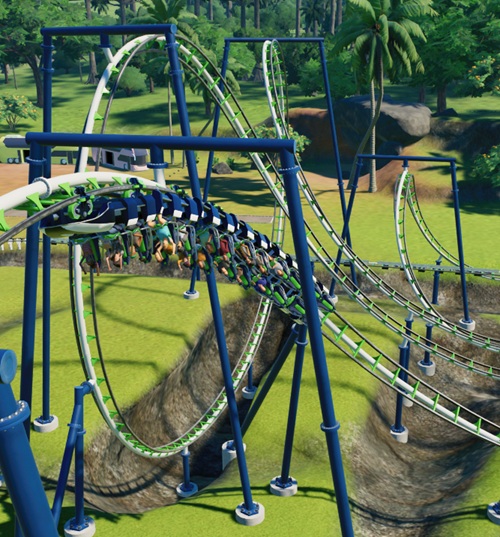 De Raid-Achtbaantrein gaat ondersteboven door een Kurkentrekker. Achteraan op de foto staan een Batwing-en een Cutbackelement.