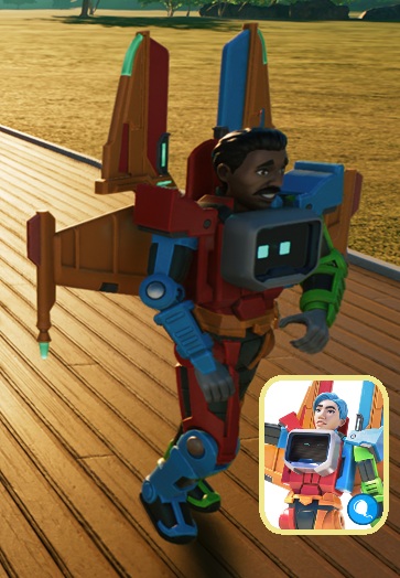 De Max Stormcloud-entertainer ziet eruit als een Menselijke Robot, opgebouwd uit verschillende, andersgekleurde (plastic?) onderdelen, met vleugels op de rug en een scherm op de borst. De entertainer draagt geen masker, waardoor iedere Max Stormcloud-entertainer er anders uitziet. Deze entertainer heeft een donkere huid, zwart haar en een snor.