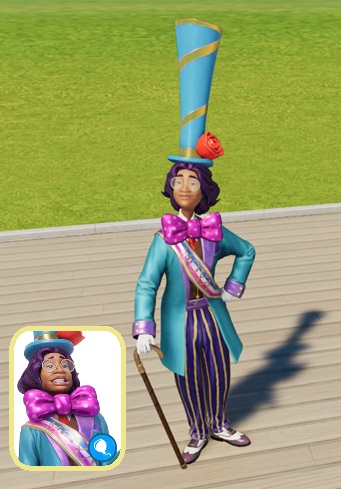 De Mayor Pipwhistle-entertainer, op deze foto door een dame vertolkt. Mayor Pipwhistle heeft paars hoofdhaar en draagt een enorme paarse vlinderdas, een zéér hoge hoed met een roosje erop en een wandelstok waarmee de entertainer soms kunstjes doet. Verder draagt ze een lichtblauwe, lange slippenjas, een opvallende burgemeesterssjerp en een broek met paarse strepen. Linksonder staat het miniportret zoals dat verschijnt in het spelmenu.