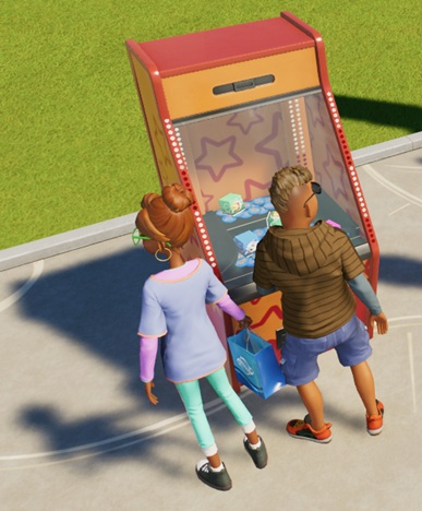 Een man en een vrouw staan voor een oranjerode Muntenschuiver. De Automaat heeft een stervormig versierpatroon.