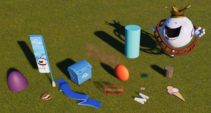 Gekleurde ruimtelichamen, een reddingsboei, een afvalcontainer, een enorm King Coaster-beeld, dranghekken, ... vind je in het Planet Coaster-thema.