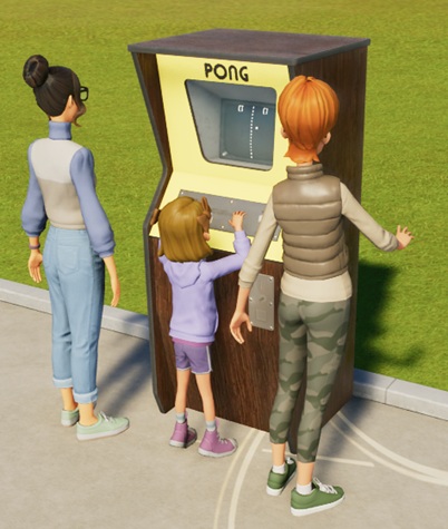 Een houten Pong-Automaat, met drie Dames (twee volwassenen en een kind) ervoor. Het kind probeert het spel uit.