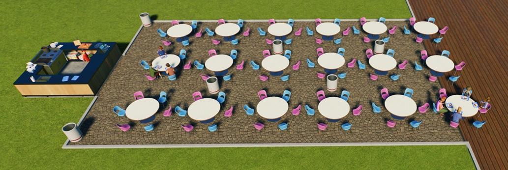 Een Restaurant-zonder-Decoratie. Links staat de keuken; rechts de tafels, waaraan reeds enkele Parkgasten zitten te eten.