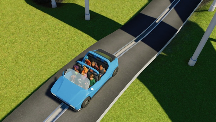 Een blauwe, volledig gevulde zespersoonsauto zoeft onder een brug door naar linksonder. De auto is, uiteraard, vormgegeven als een racewagen.