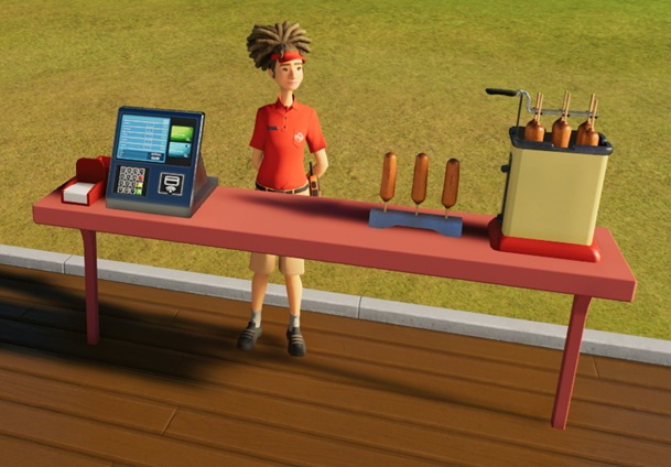 Een rode toonbank, met links de betaalterminal en servetten, en rechts een gele friteuse waar bovenaan zes Corndogs uitsteken. Naast de friteuse (links) staan drie Corndogs in een houder. Middenin wacht de Verkoper op Klanten.