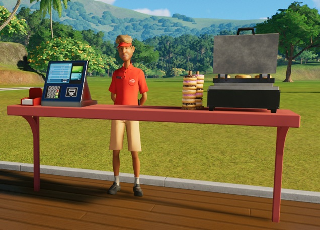 Een rode toonbank, met links de betaalterminal en servetten, en rechts een metalen 'warmhouder' waarop donuts liggen. Naast de warmhouder (links) staan twee houten rekken, elk met zeven donuts boven elkaar. Middenin wacht de Verkoper op Klanten.