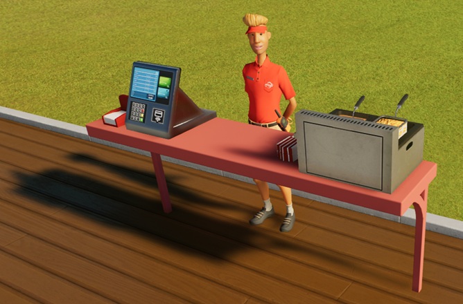 Een rode toonbank, met links de betaalterminal en servetten, en rechts een friteuse met twee 'frietlades'. Naast de friteuse (links) ligt een stapel rood/witgestreepte platte frietbekers. Middenin wacht de Verkoper op Klanten.