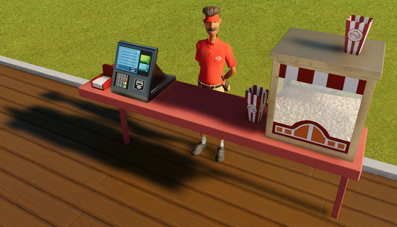 Een rode toonbank, met links de betaalterminal en servetten, en rechts een rood/witte glazen bak vol popcorn. Naast de bak (links) ligt een stapel rood/witgestreepte popcornbekers; één lege beker staat op de bak. Middenin wacht de Verkoper op Klanten.